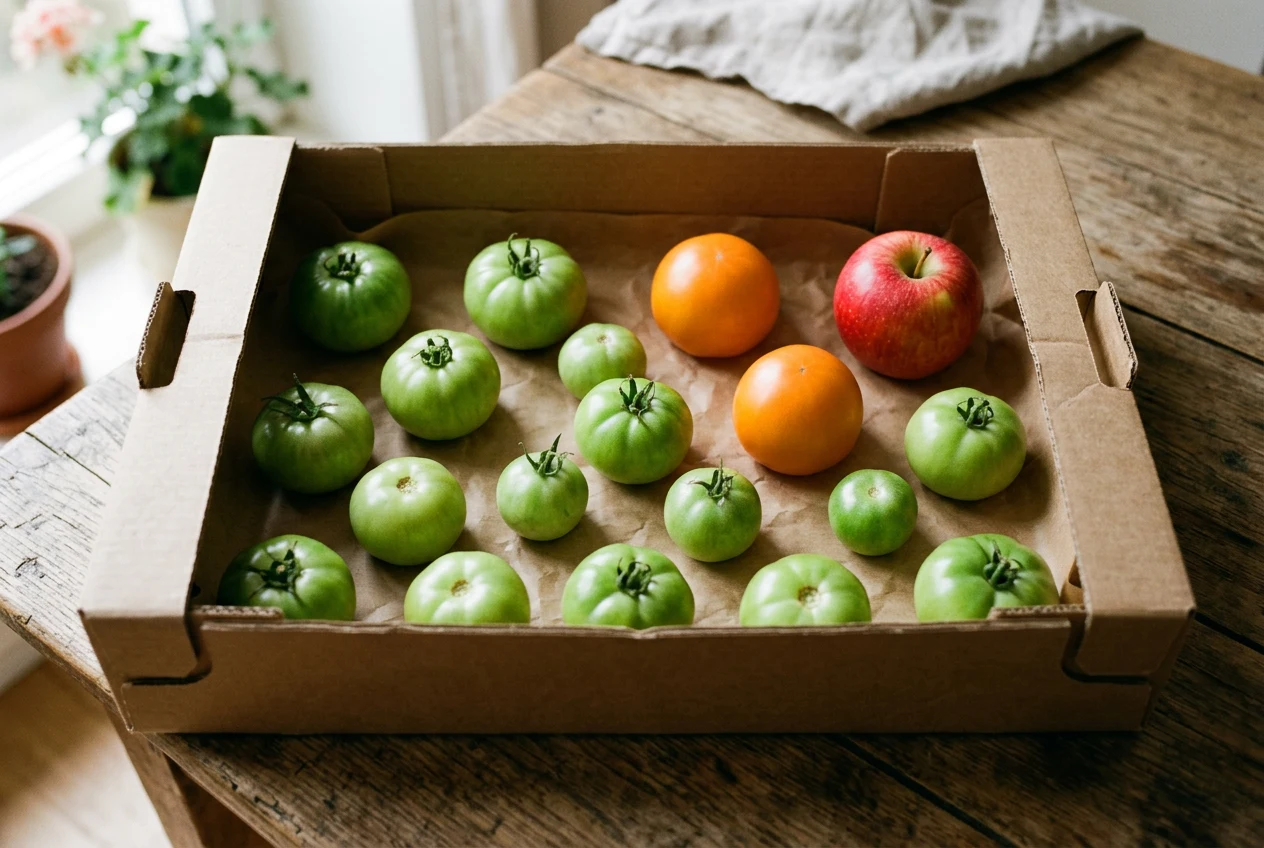 Grüne Tomaten liegen einlagig in einem offenen Karton mit Papier und einem reifen Apfel. Bild: AI generiert.