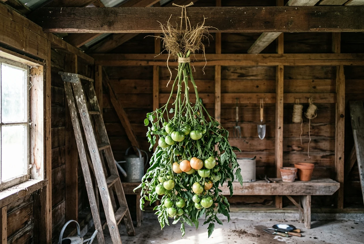 Eine geerntete Tomatenpflanze hängt kopfüber in einem geschützten Raum. Bild: AI generiert.