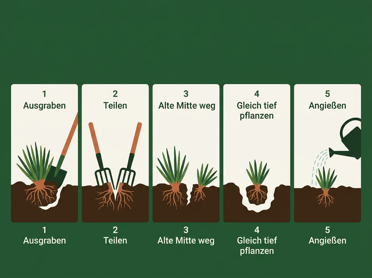 Stauden teilen in fünf Schritten: vom Ausgraben bis zum Angießen.